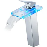 KEOKBON LED Wasserfall Wasserhahn Hoch aus Glas und Messing, 3 Farbewechsel Waschtischarmatur mit Temperatursensor Beleuchtung Bad Armatur Einhebelmischer Warmes und kaltes Waschbeckenarmatur, Chrom