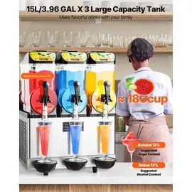 Vevor Gewerbliche Slush Eis Maschine 45 L Slushie-Maker mit 3 Tanks, Crushed Ice-Maschine aus Edelstahl für 180 Tassen Margarita und Smoothies, Eis-Slush-Maschine für Zuhause Gastronomie Cafés Bars