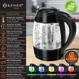 Kesser KESSER® 1,8L Edelstahl Wasserkocher 2200W Glaswasserkocher Warmhaltefunktion