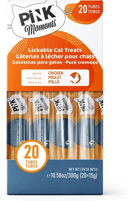 PINK Cremige Katzenleckerlies – Huhn-Geschmack, 20 × 15g – Ohne Zusatzstoffe, Getreidefrei & Gelatinefrei – Haarballen-Kontrolle & Verdauungsunterstützung – Vertrauenswürdige kanadische Marke