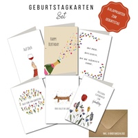 Keitcards Geburtstagskarten - handgezeichnete Klappkarten inklusive Briefumschlag, 6er Set
