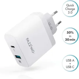 Pazzimo Ladegerät 2-Fach Qualcomm Quick Charge 3.0 USB + USB-C 6A Weiß