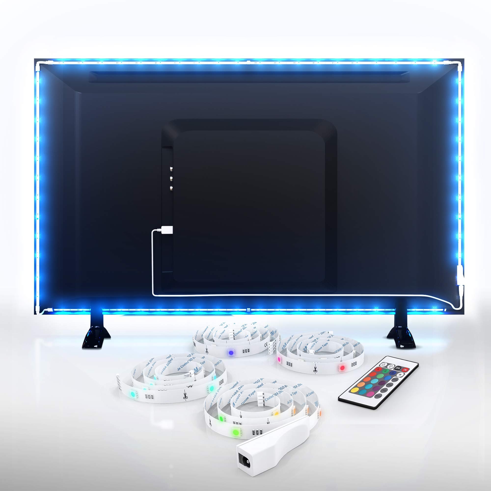 B.K.Licht - TV LED Strip 2m mit Fernbedienung, buntes RGB Licht, dimmbar, LED Streifen, LED Leiste, Gaming Deko, LED Band, LED Lichtleiste, LED Lichtband, TV Beleuchtung, 50,5x1x0,3 cm, Weiß