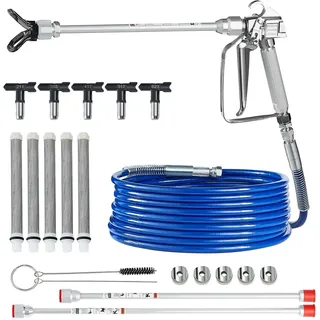 Vevor Airless Farbspritzpistole und Schlauch Set, 3600 PSI Farbspritzschlauch-Set mit 5 Spitzen, 211, 315, 417, 517, 623, Airless-Spritzpistolen-Set mit Filtern, Schlauch und Verlängerungsstangen