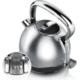 Arendo Wasserkocher mit Temperatureinstellung, 1,7 l, 2200 W, Edelstahl Retro Style Vintage, Überhitzung & Trockenkochschutz, silber