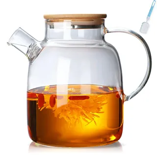 Teekanne mit Siebeinsatz,1800ML Teekanne Glas mit Holzdeckel,Hitzebeständige Hochborosilikat-Teekanne mit herausnehmbarem Filter,Modernes und elegantes Teekannendesign für Tee, Blumentee und Saft