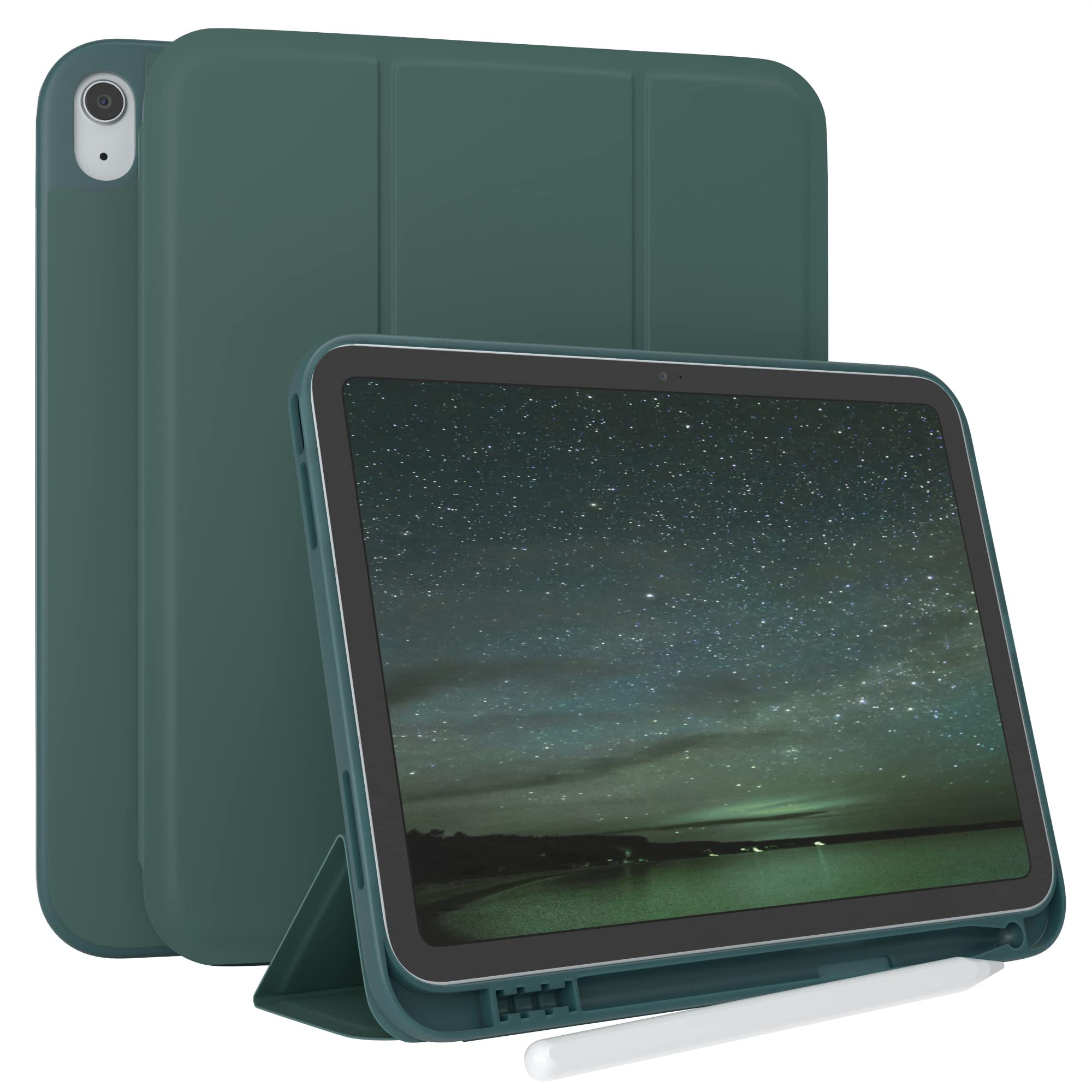 EAZY CASE Smartcase mit Touchpen Halterung kompatibel mit iPad 10,9 (10. Gen.) Tablet Hülle mit Standfunktion, Schutzhülle mit Sleep und Wake Funktion, Klapphülle aus Kunst Leder, Nacht Grün