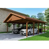 SKANHOLZ Satteldach-Carport Wallgau Nussbaum 620 x 750 cm rote Schindeln