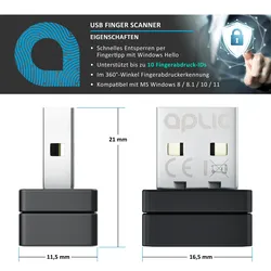 Aplic USB Fingerabdrucksensor Fingerabdruckleser - bis zu 10 IDs - Windows 8 10 11 - unterstützt bis zu 10 IDs - USB - Plug & Play - Finger Scanner