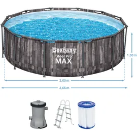 BESTWAY Steel Pro Max Frame Pool Set 366 x 100 cm holzoptik inkl. Filterpumpe