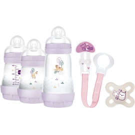 MAM Easy Start Anti-Colic Welcome Set, Baby Erstausstattung mit 3 Anti-Colic Flaschen, Schnuller und Schnullerband, Baby Geschenk Set, ab der Geburt, lila