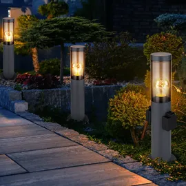 GLOBO Stehleuchte mit Steckdose anthrazit Sockelleuchte Edelstahl Steckdosensäule mit Licht, rauch, Fernbedienung dimmbar, 1x RGB LED 8,5w 806lm, Dxh 7,6x45 cm, 3er Set