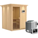 Woodfeeling Karibu Sauna-Set Norna inkl. Bio-Ofen 9 kW mit ext. Steuerung, Dachkranz