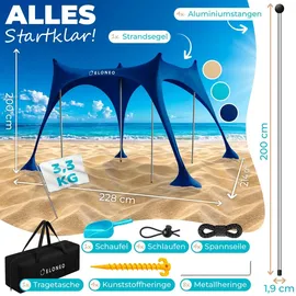 eloneo Strandzelt, Sonnensegel Strand 228x214x200 cm, LSF 50+, Sonnenschutz für Strand mit Sandschaufel, Heringen und 4 Stabilitätsstangen, 4 Personen, Navy
