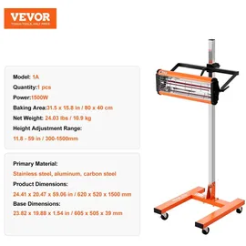 Vevor Infrarot-Härtungslampe, 1500 W, 1–60 Min. Zeiteinstellung, Auto-Härtungslampe mit automatischer Heizung und Halterung, 31,8 m2 große Backfläche, Sprüh-Backkabinenheizungen, Lacktrockner