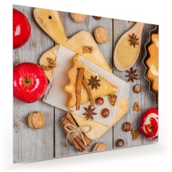 Primedeco Glasbild Wandbild Vorbereitung Apfelkuchen mit Aufhängung, Früchte rot 60 cm x 50 cm