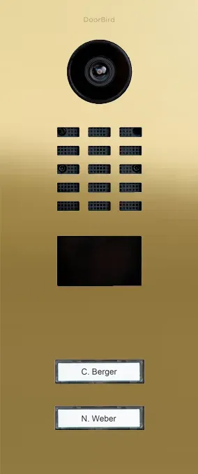 DoorBird D2102V IP Video Türsprechanlage Messing-Optik als PVD Beschichtung, Edelstahl V4A, hochglanzpoliert