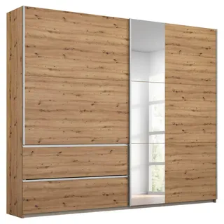Möbel Schwebetürenschrank Eiche Artisan, Metall, 2 Fächer, 2 Schubladen, 218x210x59 cm, Blauer Engel, BQ - Bündnis für Qualität, Made in Germany, Schrankfront mit Spiegel, 2-türig | 2 Jahre Gewährleistung | 218 x 210 x 59 - Braun