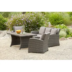 Gartenlounge-Set KONIFERA "Siros", braun (braun, beige), Polyrattan, Sitzmöbel-Sets, Gartenmöbel-Set, Polyrattan, Stahl, Tischplatte aus Nonwood, geeignet für 5 Personen