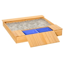 Outsunny Sandkiste mit Bank und Aufbewahrungsfächern naur, blau 123 x 121 x 17,5 cm (LxBxH)   Sandkiste Sandkiste mit Bank  Holz Spielkiste für Kinder