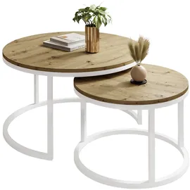 Lukmebel Couchtisch rund - CIRI 2in1 - Beistelltisch rund - Kaffetisch - Industrial Deko - Deko Wohnzimmer - Kleiner Beistelltisch - Sofatisch - Kleiner Tisch - Weiß, Artisan Eiche