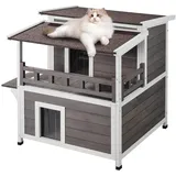 Vevor Katzenhaus für draußen, wetterfest, Unterschlupf für Wildkatzen für mehrere Katzen, großes 2-stöckiges Katzenhaus aus Holz für draußen mit Balkon, Türen, Pvc-türklappen und offenem Dach, - Vevor