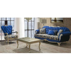 Casa Padrino Luxus Barock Wohnzimmer Set Blau / Gold - 2 Sofas mit Muster & 2 Sessel mit Muster & 1 Couchtisch - Prunkvolle Barock Wohnzimmer Möbel