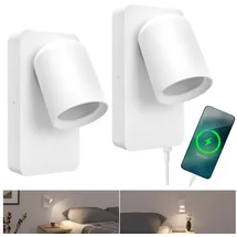 SSC-LUXon NERU Design Nachttischlampe Wand 2er Set weiß - moderne Wandlampe innen inkl. USB Ladestation, und Schalter, für GU10