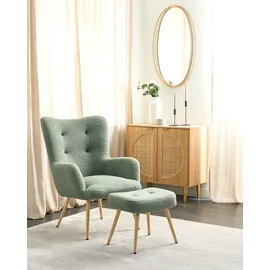 Beliani Ohrensessel Vejle Bouclé 70 x 100 x 80 cm Hellgrün mit Hocker