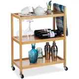 Relaxdays Servierwagen Bambus, 3 Ablagen, natürliche Optik, 360° drehbare Rollen, Rollwagen, HxBxT: 76x58x30 cm, natur