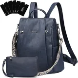 Eshow Rucksack Damen Klein, Anti-Diebstahl Elegant Cityrucksack, Wasserdichter Tagesrucksack Veganes Leder, Rucksacktasche mit Clutchbag RFID Blocker Modern für Pendeln Schule Arbeit Reise Blau
