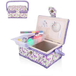 HERCHR Nähkorb mit Blumendruck, Vintage Nähkiste Stoff Bastelfaden Nadel Nähset Aufbewahrungsbox Organizer mit herausnehmbarem Tablett