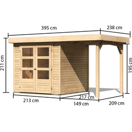 KARIBU Holz Gartenhaus Set "Askola 2" mit Anbaudach,naturbelassen,2,1 x 2,2 m (B x T)