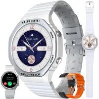 Smartwatch Damen mit Telefonfunktion, 1,32” AMOLED IP68 Wasserdicht Sportuhr Aktivitätstracker mit Blutdruckmessung, SpO2, 123 Sportmodi, 3 Armband, Fitnessuhr Uhr kompatibel mit iOS Android (Silber)