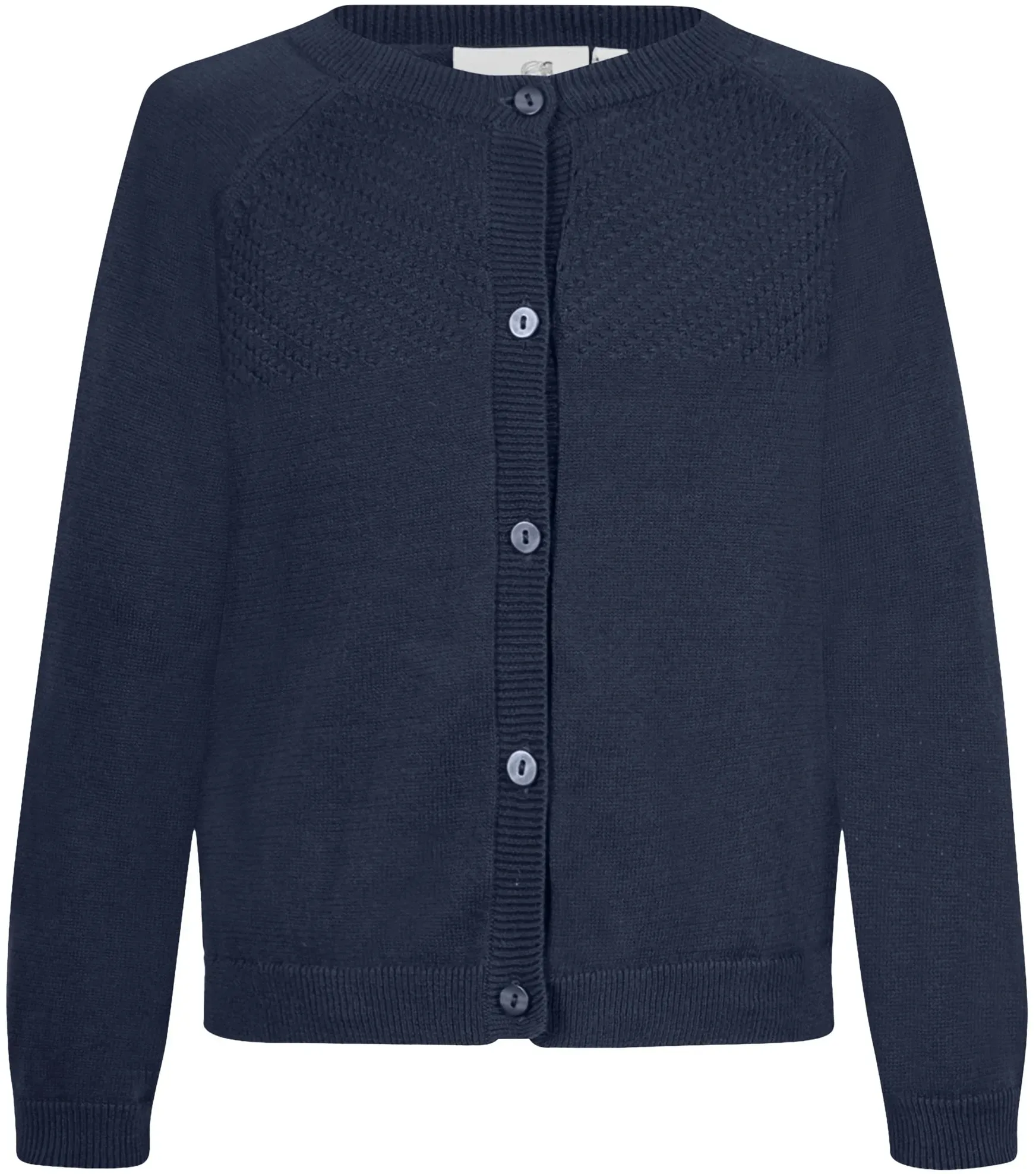 Strickjacke HAPPY GIRLS, Mädchen, Gr. 134, blau (navy), Strick, Obermaterial: 100% Baumwolle, unifarben, regular fit hüftlang, Rundhals, Raglanärmel Strickbündchen, Strickjacken Strickjacke, mit hochwertigem Strickmuster im vorderen Brustbereich
