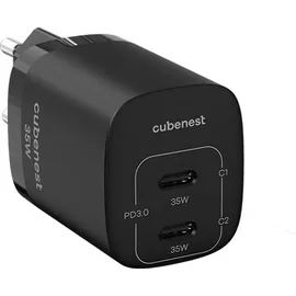CubeNest PD Adaptér GaN 35W S2D1 - černáPD 3.0, 2*USB-C GaN Adaptér Fast Charger - Schwarz
