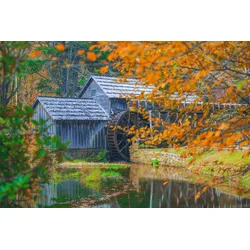 Fototapete PAPERMOON "SEE-LANDSCHAFT-MÜHLE WALD WALD FLUSS STRAND BOOTE SONNE", bunt, B:3,00m L:2,23m, Vlies, Tapeten