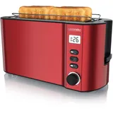 Arendo - Toaster Edelstahl Langschlitz 4 Scheiben - Doppelwandgehäuse - Integrierter Brötchenhalter - Bräunungsgrade 1-6 - Brotzentrierung – Display mit Restzeitanzeige - Rot Metallic