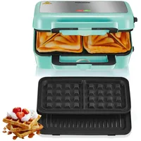 Sandwichmaker 3 in 1, 1200W Waffeleisen/Kontaktgrill/Sandwichtoaster, 5-Gang-Temperaturregelung, Antihaftbeschichter Plattensets, Wärmeisoliertem Griff, Spülmaschinengeeignet, LED-Leuchten, Blau