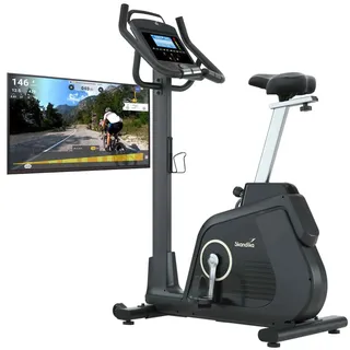 Skandika Ergometer Cykling P14 Heimtrainer mit 32 Widerstandstufen, bis 150 kg und bis 205 cm, LCD-Display, Lautsprecher, Bluetooth, App-Verbindung, Kinomap | Fitnessbike für Zuhause