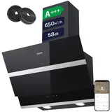CIARRA A+++ ASB6736N Dunstabzugshaube 60 cm 650 m3/h Kopffreie Wandhaube Edelstahl Schwarzes Glas Umluft Abluft App Gesteuert Upgrade Touch-Bedienung 4 Stufen Booster mit CBCF003 Aktivkohlefilter