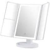 GRIFEMA Schminkspiegel mit Beleuchtung LED, Dreifach Kosmetikspiegel mit 3X/2X/1X Vergrößerung, Faltbarer Make-up Spiegel Tischspiegel 180° Drehbar, Touch Licht, USB oder Batterie, Weiß