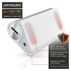 Primewire USB-Adapter 1× USB Typ A Stecker zu 4 x USB 3.2 Gen2 Buchse, 4 Port USB 3.2 Gen2 Hub Aktiv Verteiler mit Netzteil, Alugehäuse