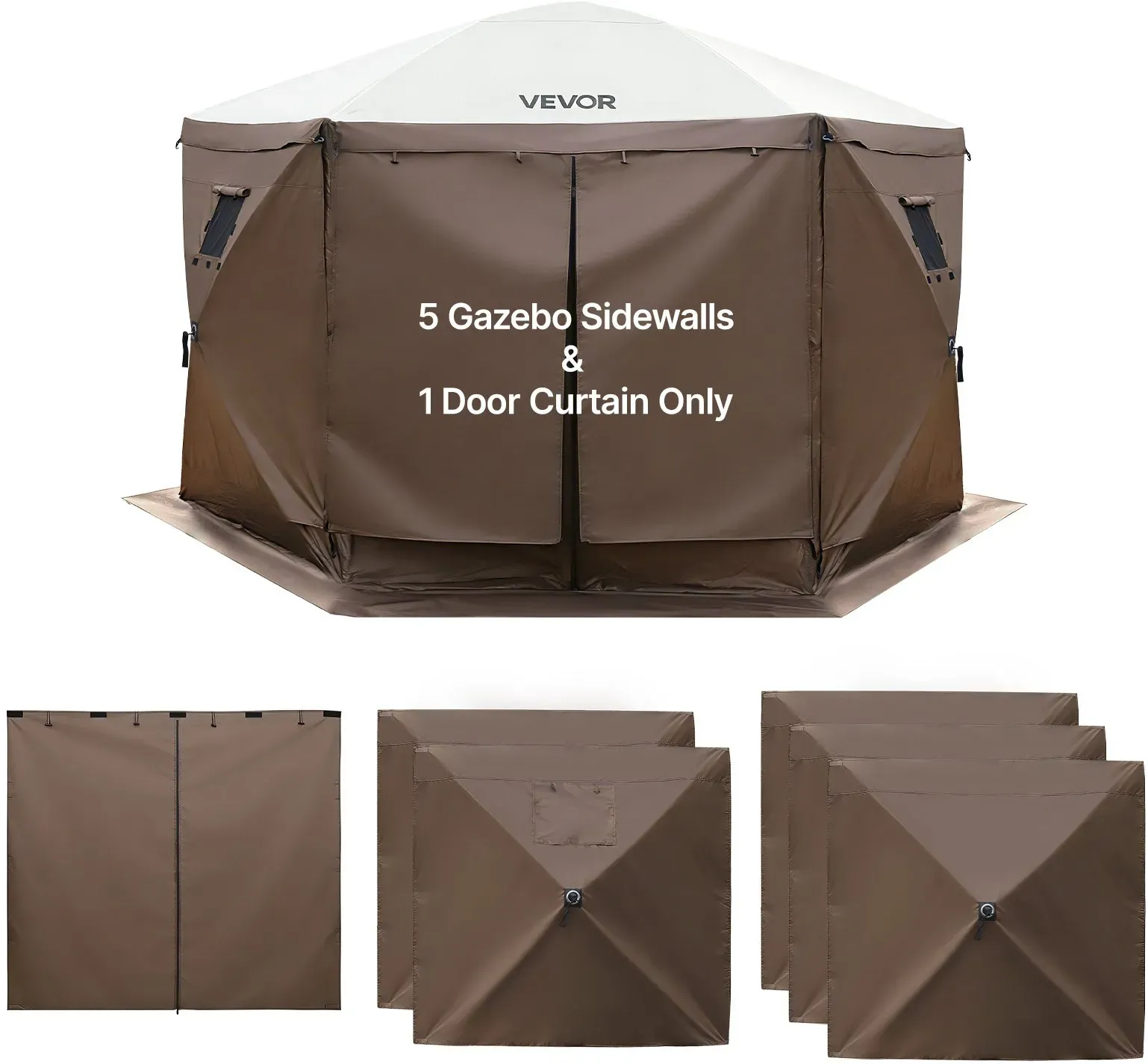 VEVOR 6x Seitenwände für Pavillon Seitenteile 1,73 x 1,48 m, Wasserfeste Seitenplanen mit Sonnenschutz PU-Beschichtung, Seitenwand inkl. 1 Reißverschlusstür 2 Fenster für Faltpavillon Partyzelt, Braun