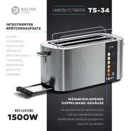 Balter Toaster 4 Scheiben, Langschlitz, Edelstahl, Brötchenaufsatz, LCD Display, Auftaufunktion, Brotzentrierung, Krümelschublade TS-34 Silber