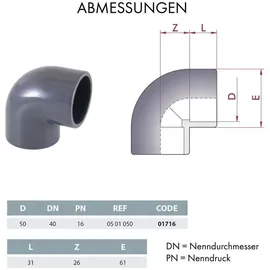 Powerhaus24 10er PVC Winkel 90 Grad D 50 mm