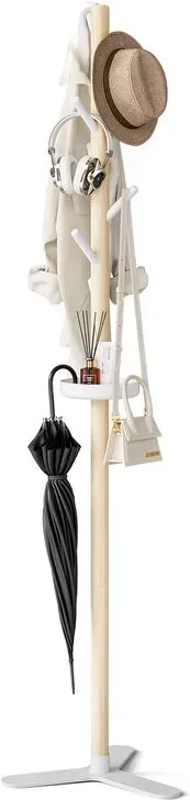 KAPANOU Kleiderständer aus Holz, freistehender Eingangsbereich-Hallentree, rustikale Stand-Kleiderständer mit Ablageablage, 7 Haken für Hut, Tasche, Jacke, Regenschirm und Zubehör, Holzbraun/Weiß, Neujahr-Angebot, Top-Geschenkideen