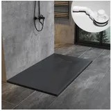 WITEN&NOCK SMC Duschwanne 140x80cm schwarz Brausewanne Duschtasse extra flache Steinoptik Antirutsch inkl. Abdeckung und Ablaufgarnitur Ø90mm Siphon