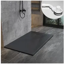 WITEN&NOCK SMC Duschwanne 140x80cm schwarz Brausewanne Duschtasse extra flache Steinoptik Antirutsch inkl. Abdeckung und Ablaufgarnitur Ø90mm Siphon