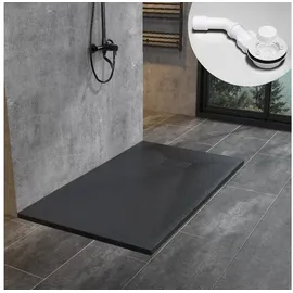 WITEN&NOCK SMC Duschwanne 140x80cm schwarz Brausewanne Duschtasse extra flache Steinoptik Antirutsch inkl. Abdeckung und Ablaufgarnitur Ø90mm Siphon